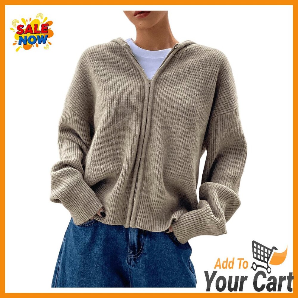 Zip Up Hooded Cardigan Sweater Rib Knit Long Sleeve Drop Shoulder